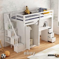3FT Kids Bunk Bed High Sleeper Bed Wooden Bed Frames with Wardrobe and Desk HT