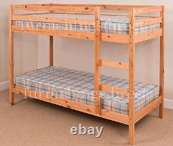 3FT SINGLE NATURAL PINE WOODEN BUNK BED WITH 2 x SPRUNG FLEX MATTRESSES
