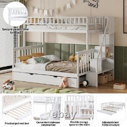 3ft & 4ft6 Kids Wooden Bunk Beds with Stairs and Pull Out Trundle Bed Frame QF