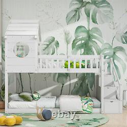 Cabin House Bunk Bed Solid Pine Wood Kids High Sleeper with Storage Stairs White