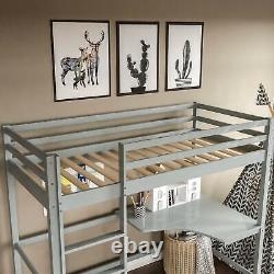 High Sleeper Bunk Bed Cabin Loft Bed Frame Desk Pine Wood Kids Single 3FT Grey