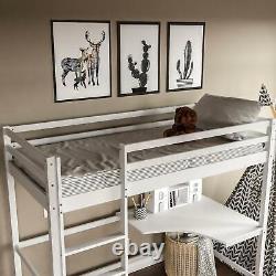 High Sleeper Bunk Bed Cabin Loft Bed Frame Desk Pine Wood Kids Single 3FT White