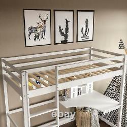 High Sleeper Bunk Bed Cabin Loft Bed Frame Desk Pine Wood Kids Single 3FT White