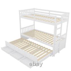 Kids 3ft Single Bed Frame Wooden Triple Bunk Beds Drop Down Bed with Drawers QF