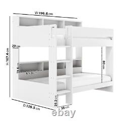 Kids Bunk Bed in White with Built in Stairs and Shelving