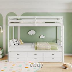 Kids Bunk Beds Single 3 ft Solid Pine Wood Bed Frame with Trundle Bed 3 Drawers