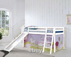 Kids Cabin Bunk Bed Mid Sleeper with Slide and Ladder Wooden and Mattress Choice
