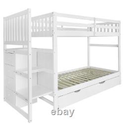 Kids Triple Bunk Bed 3FT Sleeper Pine Wooden Frame with Trundle Bed & Drawers FD