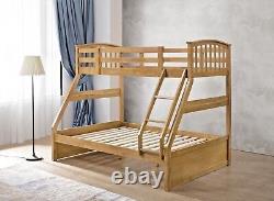 Lavish New Three Sleeper Hard Wooden Bunk Bed In Oak Finish With 2 Drawers