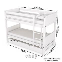 Single Bunk Bed Detachable White Wooden with Trundle Bed and Ladder