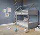 Single Bunk Bed Wooden Frame 3ft Kids Canopy Sleeper Pine House Bed Grey/white