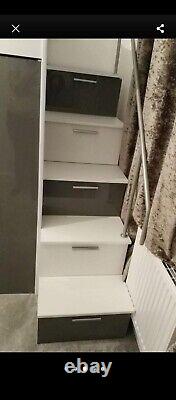 Single Bunk Cabin High Sleeper Bed with storage, Desk & Wardrobe grey & white