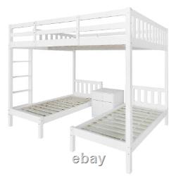 Triple Bunk Beds Kids Children High Sleeper Pine Wooden Bed Frame With Nightstand
