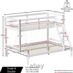 Triple Sleeper Bunk Bed Solid Pine Wood Frame Kids Double & Single 4FT6 3FT