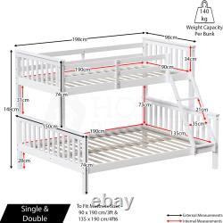 Triple Sleeper Bunk Bed Solid Wood Frame Childrens Kids Double & Single 4FT6 3FT