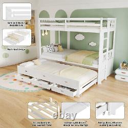 Triple Sleeper Kids Bunk Beds Wooden Bed Frame with Trundle Bed and 3 Drawers