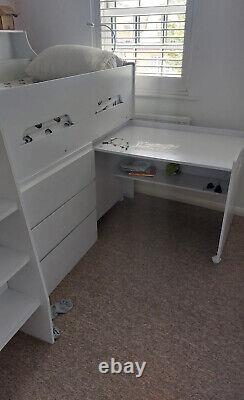 White Wooden Bunk Bed High Sleeper with Work Station Built-In Ladder Storage