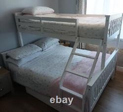 White Wooden Triple Sleeper Bunk Bed Single & Double With 2 Underbed Drawers