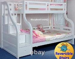 White Wooden Triple Sleeper Bunk Bed Storage Stairs And Trundle Solid Pine