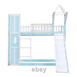 Cadre de lit superposé pour enfants en bois avec toboggan et échelle, meubles de chambre d'enfants bleus.