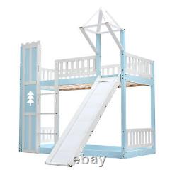 Cadre de lit superposé pour enfants en bois avec toboggan et échelle, meubles de chambre d'enfants bleus.