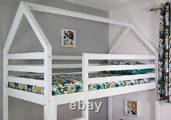 Lit superposé avec barrières de sécurité en bois pour enfants avec maison de jeu intégrée et cadre de lit bas pour jumeaux