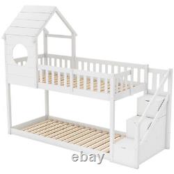 Lit superposé pour enfants en bois de pin massif avec rangement et escalier blanc dans une cabane
