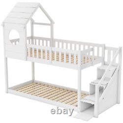 Lit superposé pour enfants en bois de pin massif avec rangement et escalier blanc dans une cabane