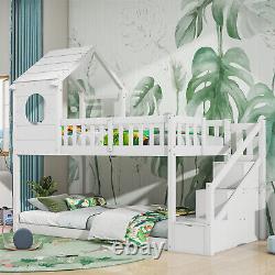Lit superposé pour enfants en pin massif avec maisonnette et escalier de rangement blanc
