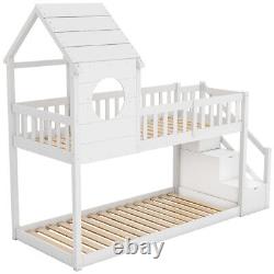Lit superposé pour enfants en pin massif avec maisonnette et escalier de rangement blanc
