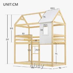 Lit superposé simple Treehouse en bois de pin avec cadre en bois pour enfants et une maisonnette en bois avec auvent.