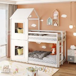 Lit superposé simple avec cadre en bois pour enfants, avec maisonnette en pin, échelle et baldaquin.