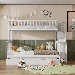 Lits superposés en bois pour enfants de 3 et 4 pieds avec escaliers et lit gigogne coulissant QF