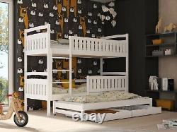 Lits superposés en pin pour enfants avec lit gigogne BLANKA et tiroirs de rangement en bois blanc