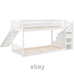 Lits superposés pour enfants, cadre de lit en bois simple de 3 pieds avec toboggan et escaliers, lit cabane blanc.